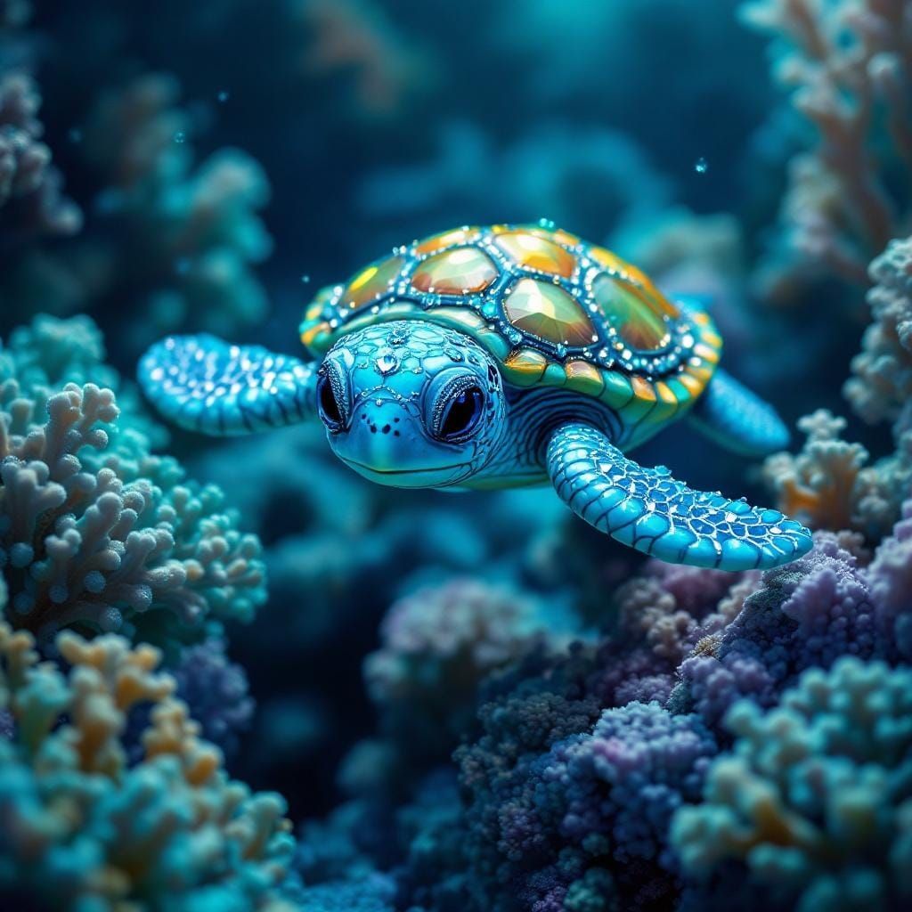 Turquoise Sea Turtle in Coral Reef, Digital Painting