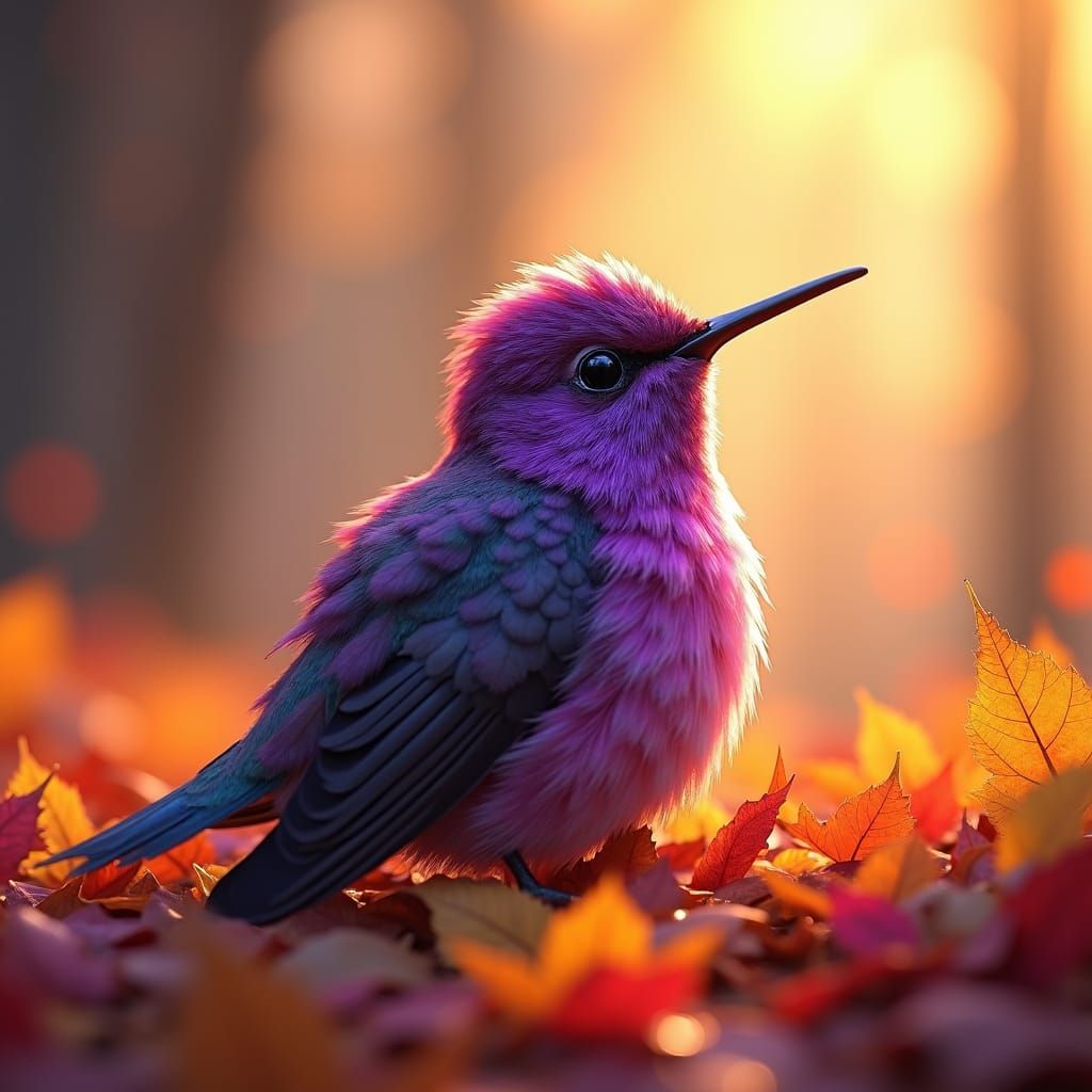Iridescent Hummingbird in Autumn Leaves, 3D Anime Art