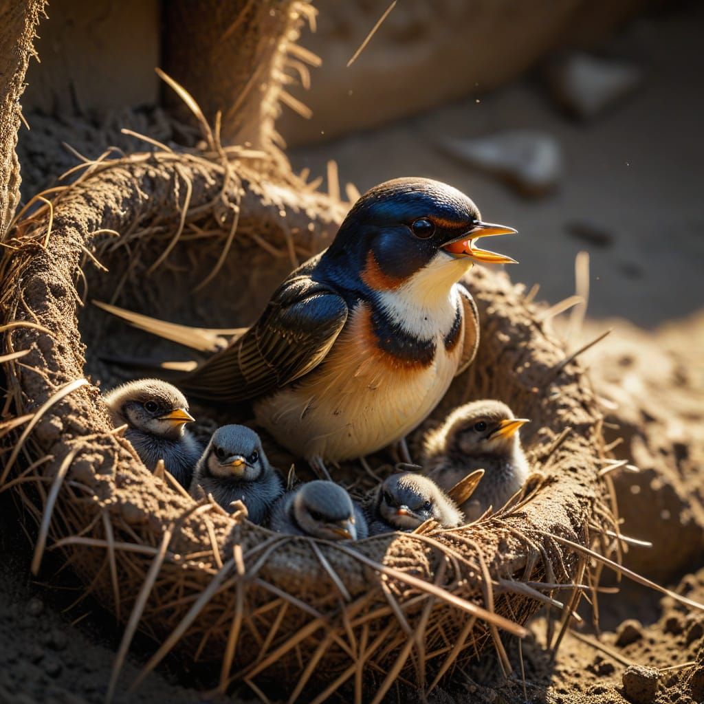 Swallow Feeding Chicks: Hyperrealistic Wildlife Photography