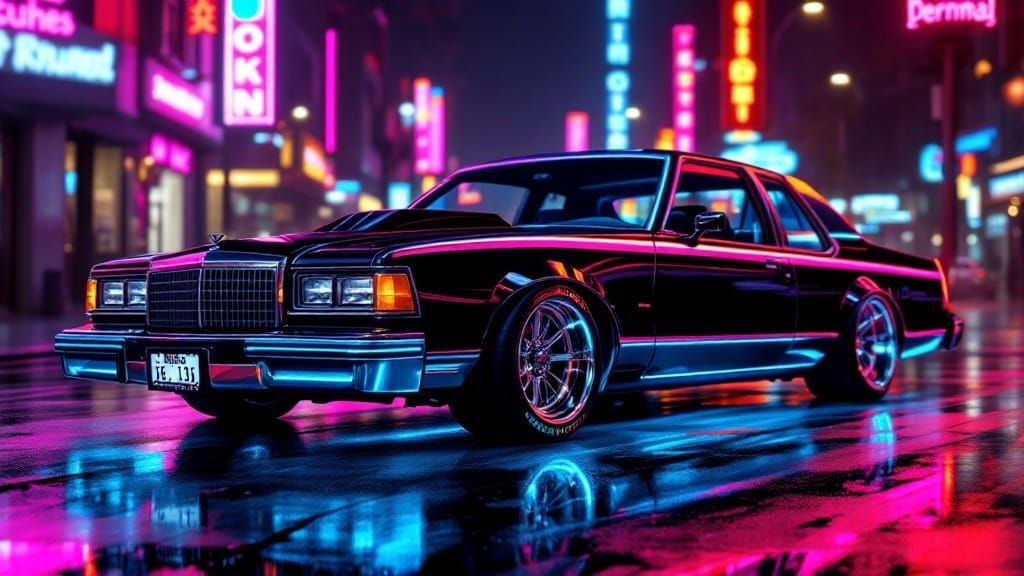 1980s Cyberpunk Muscle Car in Neon Hues