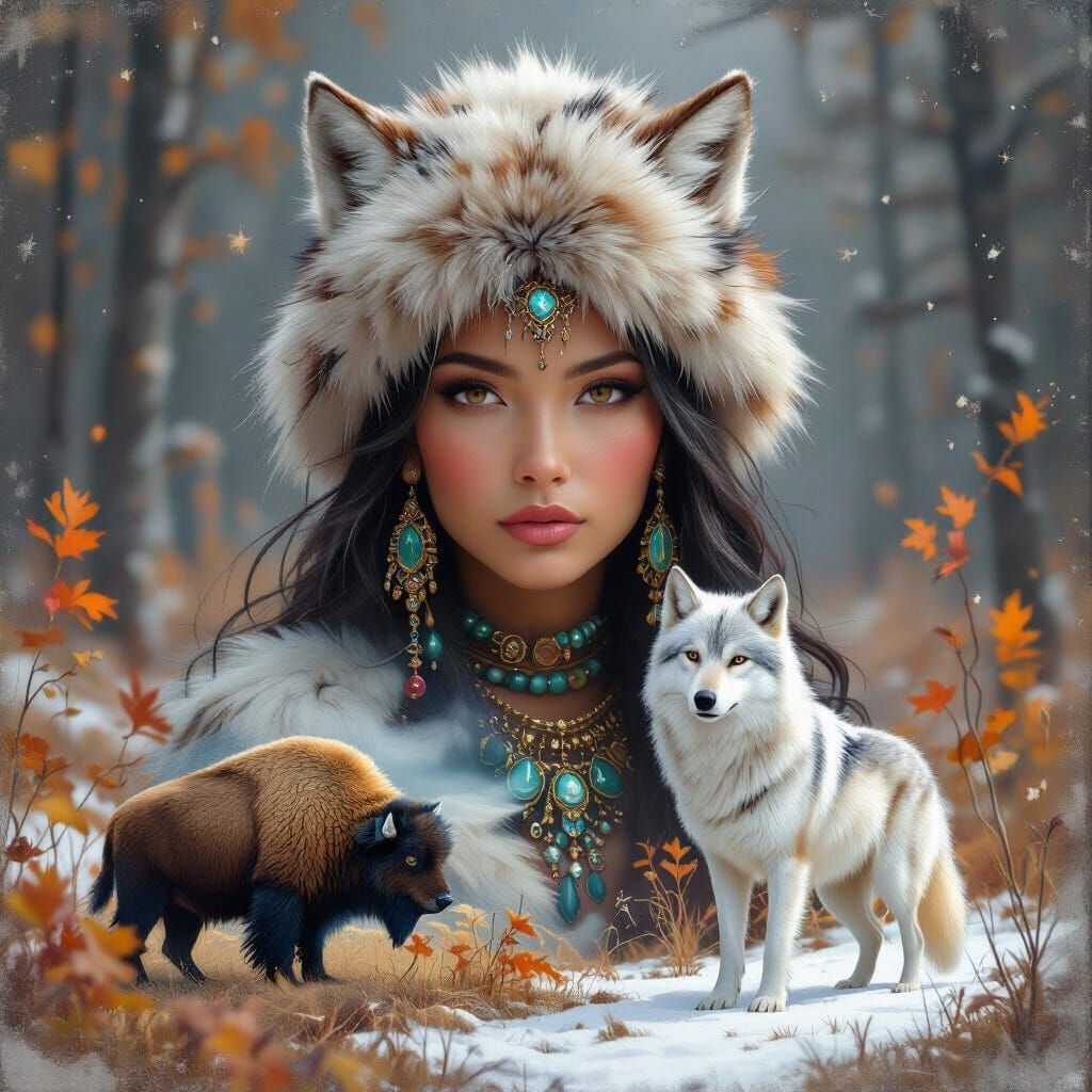 Fierce Aztec Woman in Ethereal Winter Scene