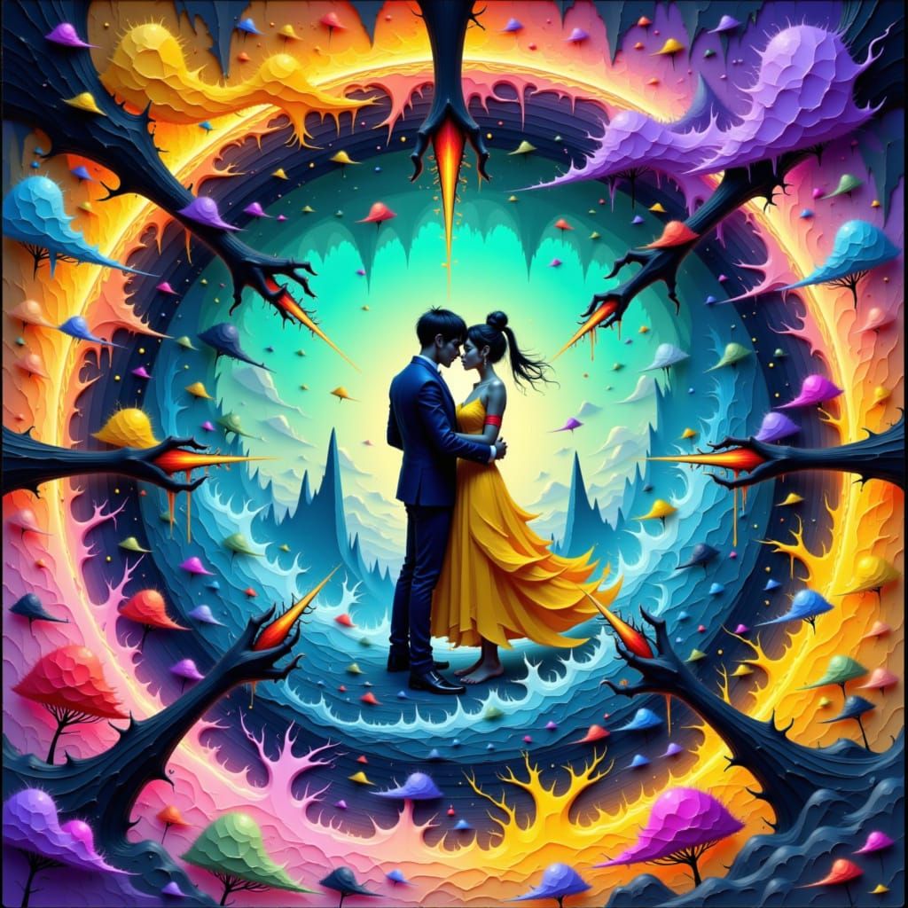 Couple Embracing in Elemental Vortex, Dreamy Dystopian Style