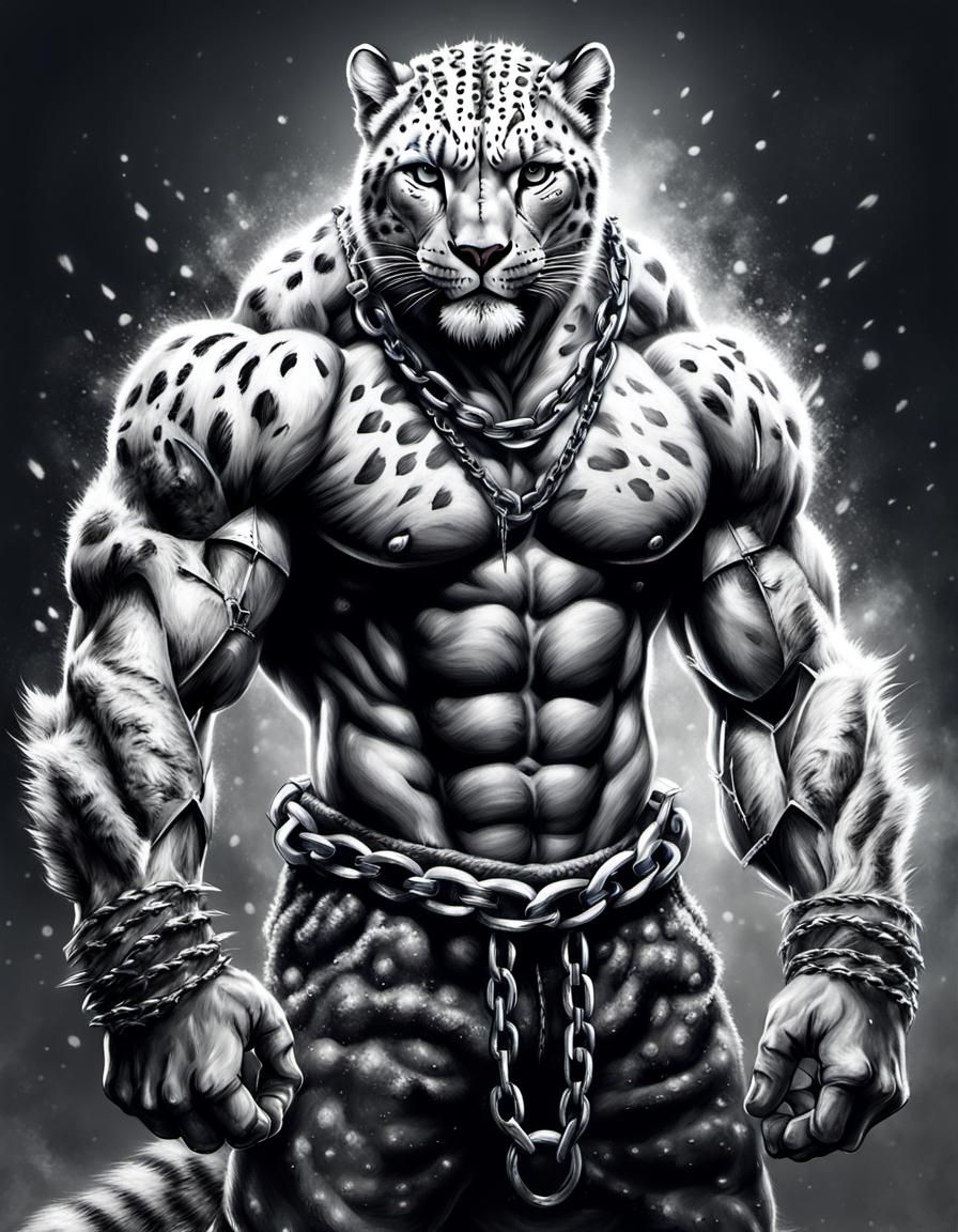 anthropomorphic snow leopard man with massive muscular muscl...