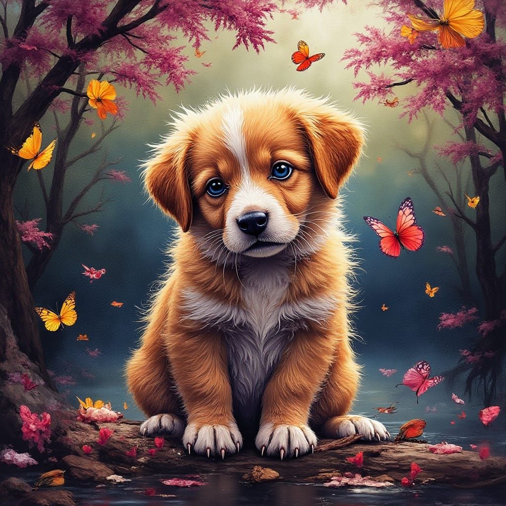 A Fluffy Puppy Amidst a Foggy Autumn Night