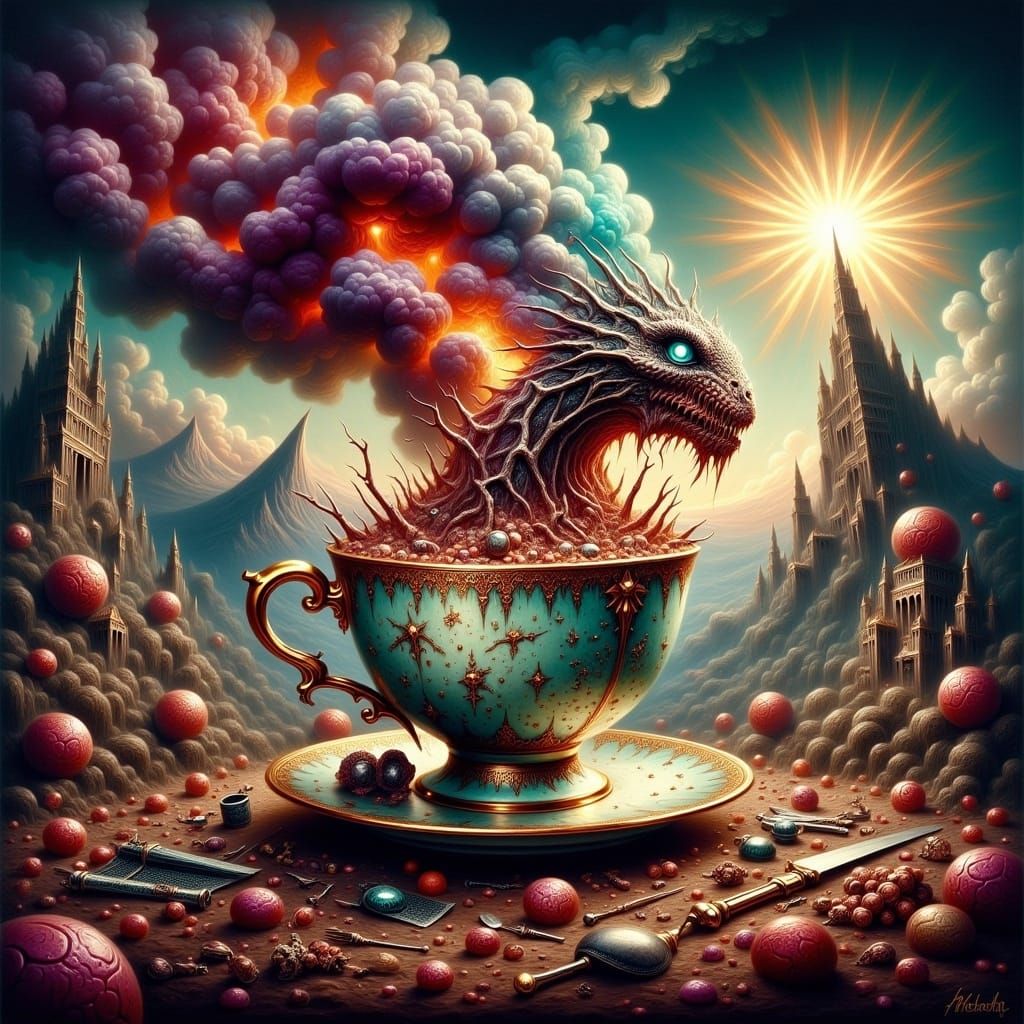 Humans vs. Machines in Teacup: Surreal Oil Painting