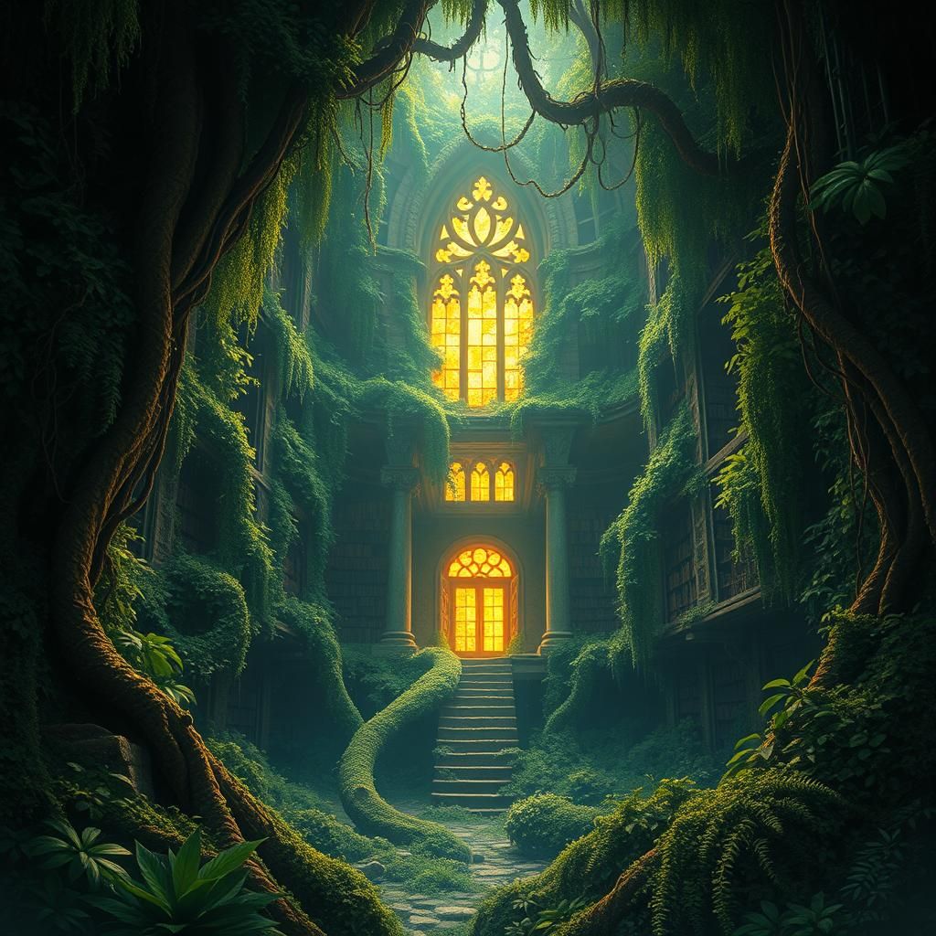 Jungle Library: Ancient Ruins in Golden Light