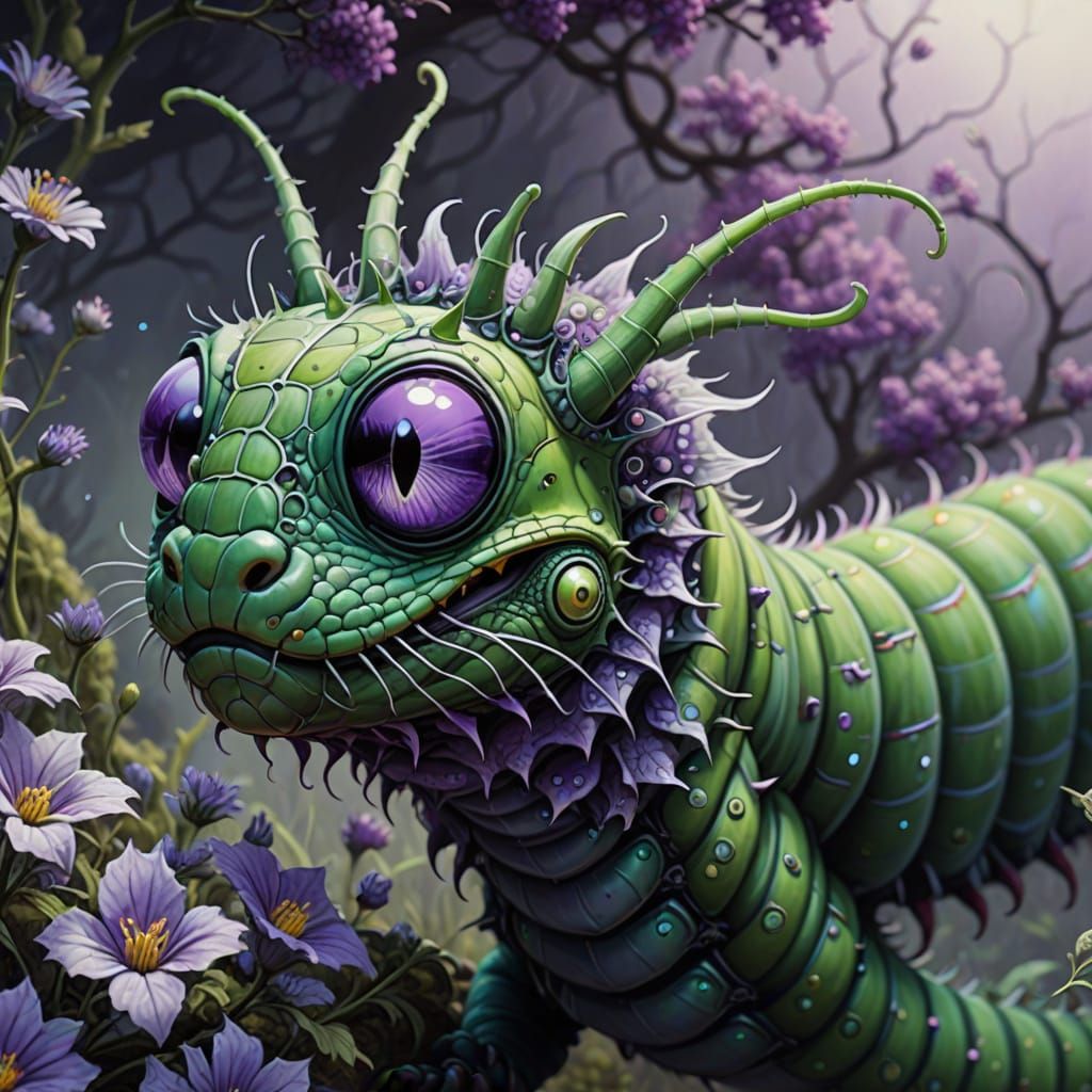 Dragon-Headed Caterpillar in Dreamlike Digital Art