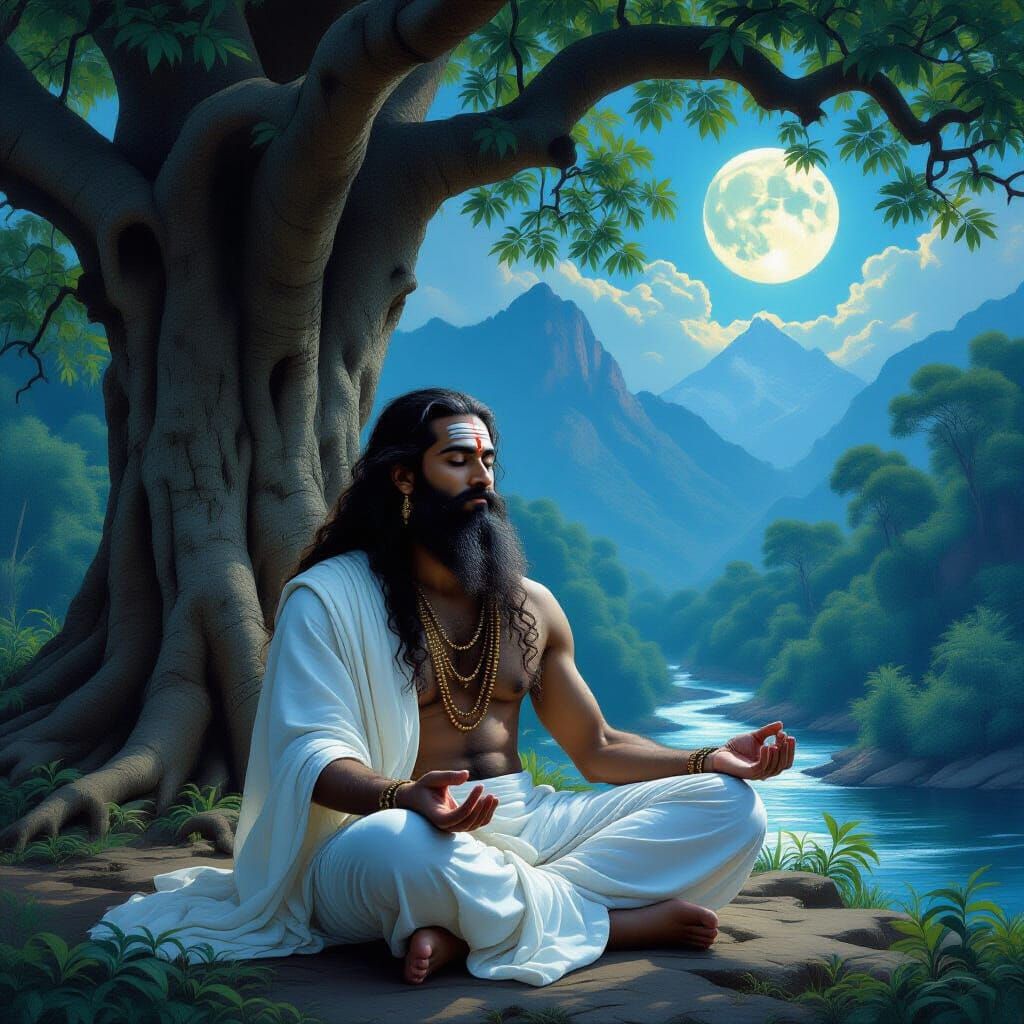 Serene South Indian Man Meditating Under Banyan Tree