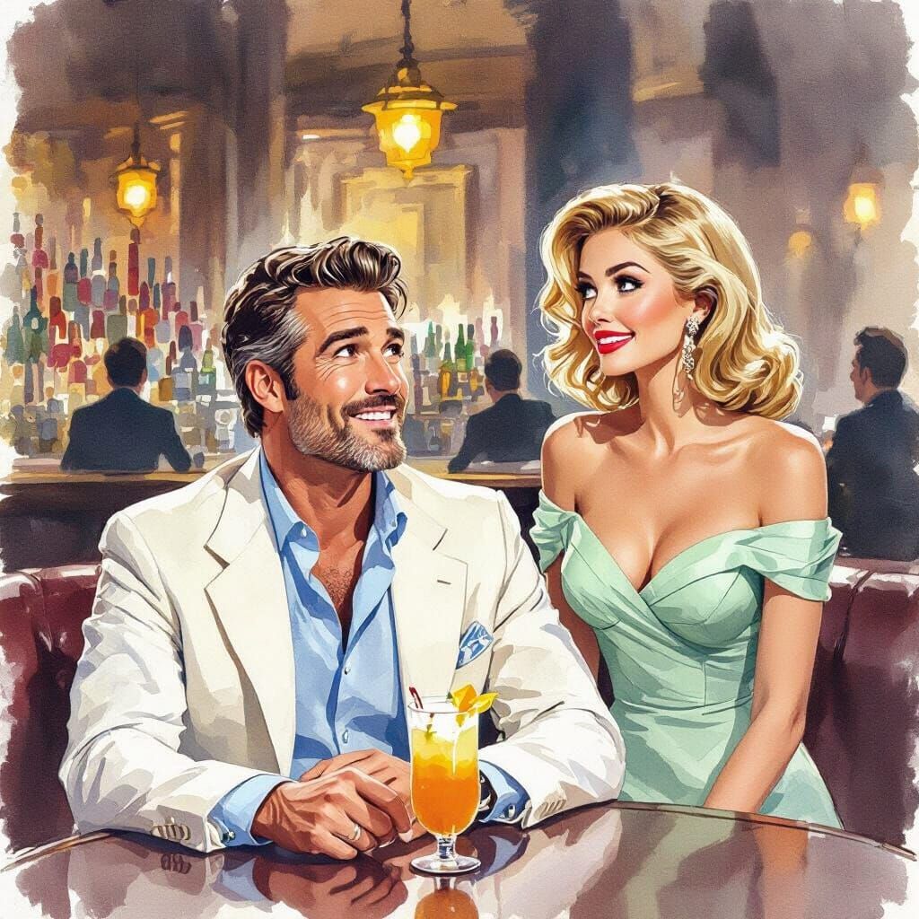 Man's Surprise Encounter in a Bar, Impressionist Watercolor