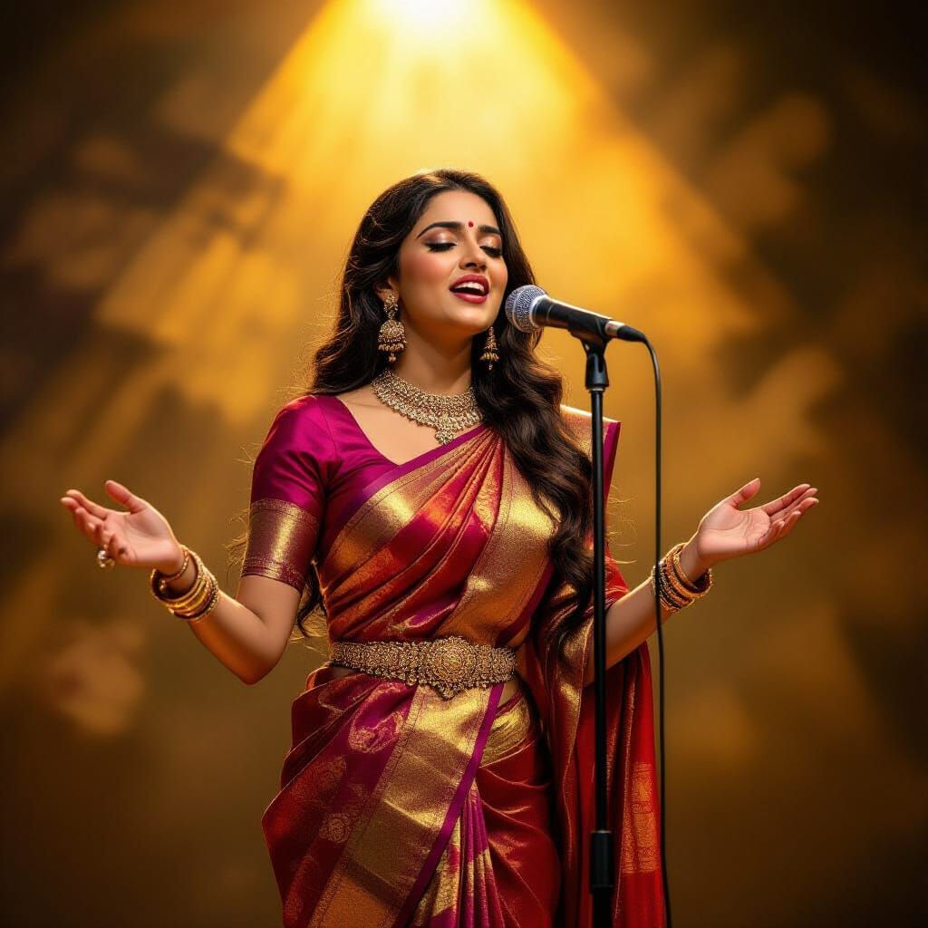 Indian Woman Singing Under Golden Spotlight