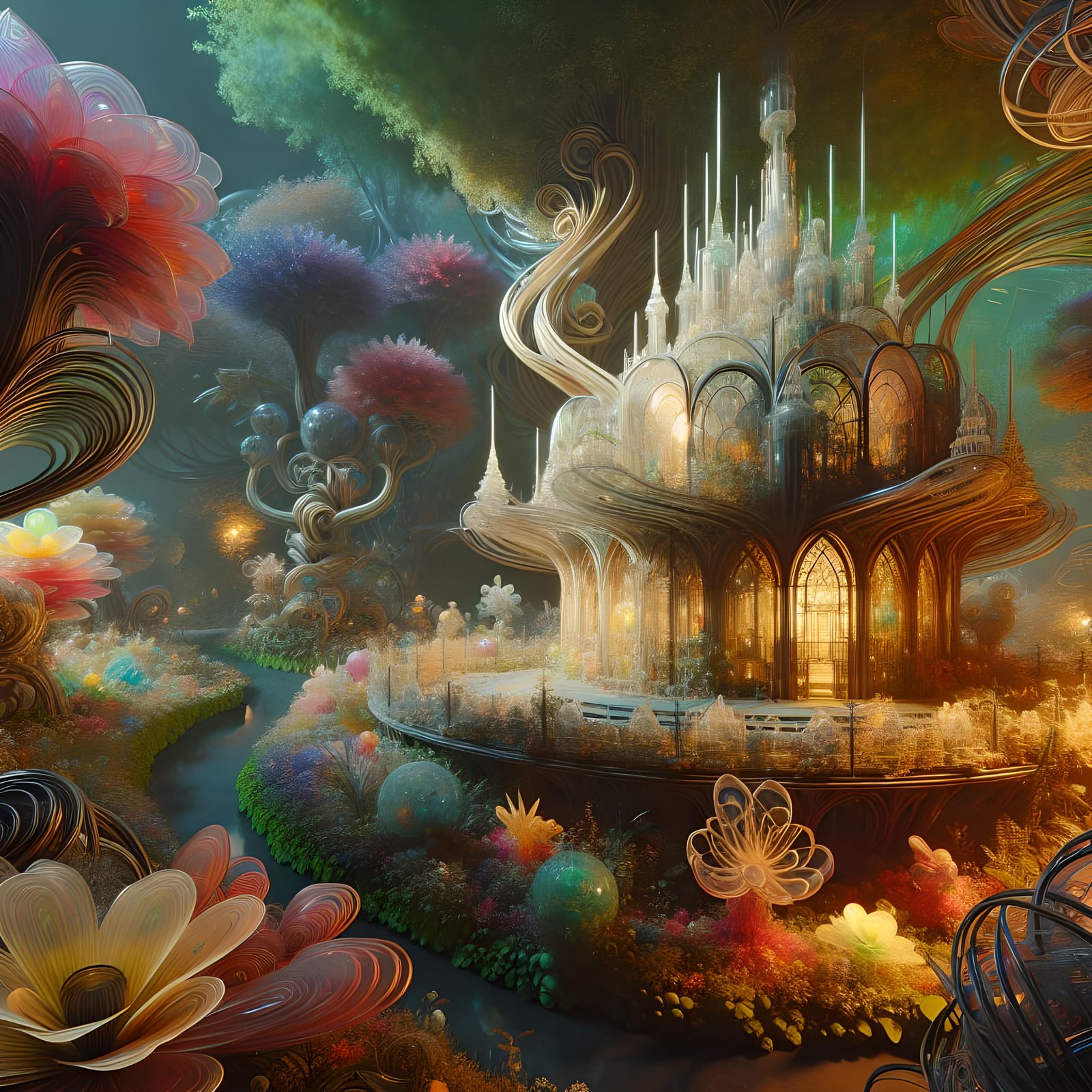 Fairycastle made of curved glass, in a fantasy forest made o...