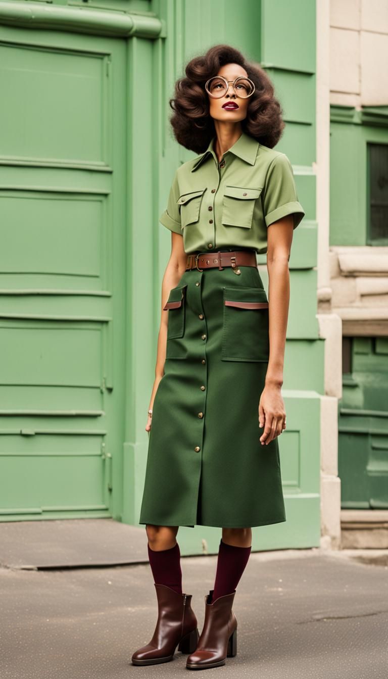 1970s Woman in Green Uniform and Burgundy Boots