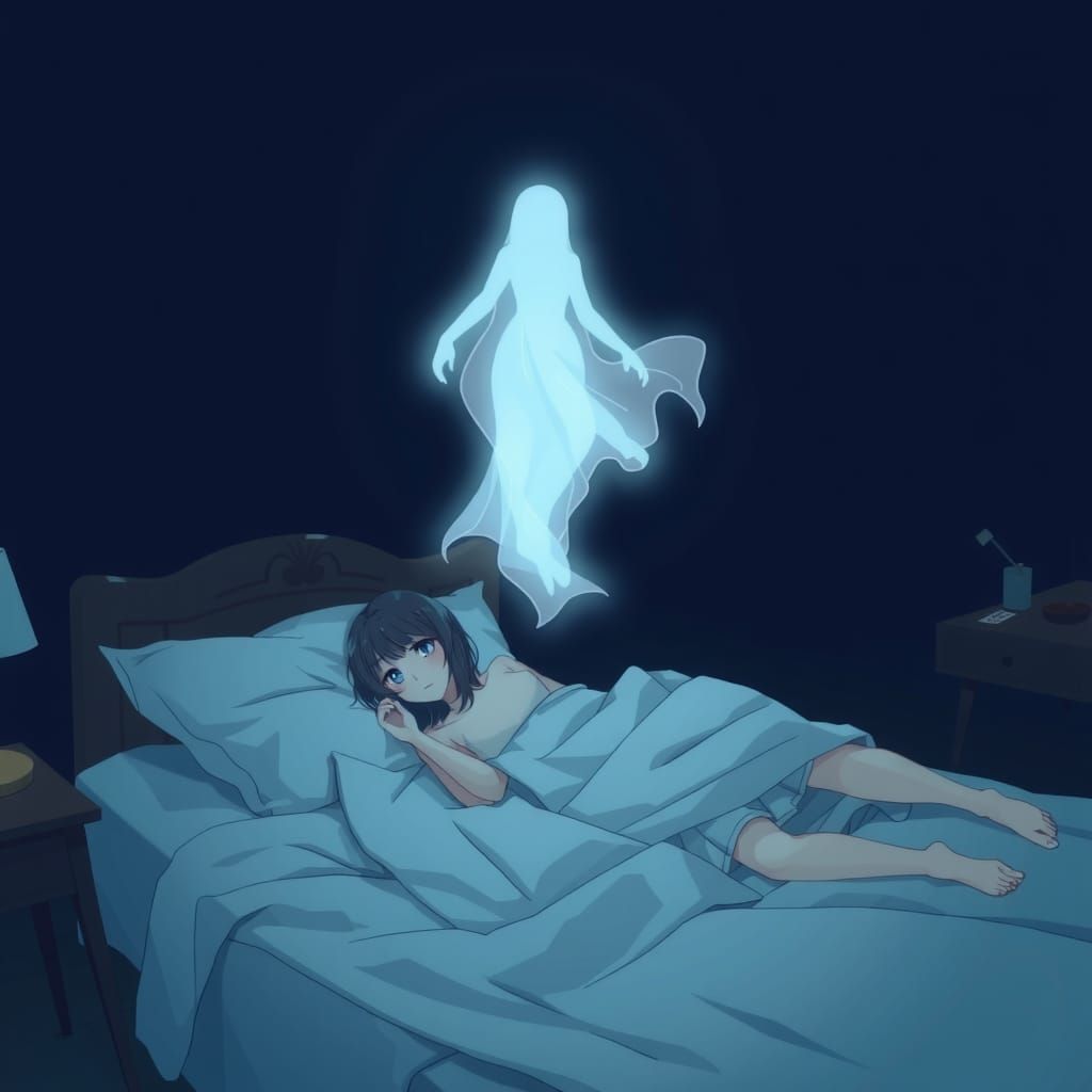 Anime Style: Ghostly Woman Floating Over Bed
