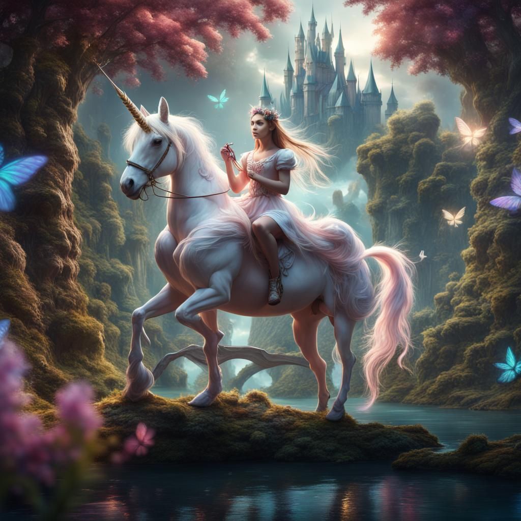 Girl on Unicorn in Fantasy Land: Detailed Matte Painting