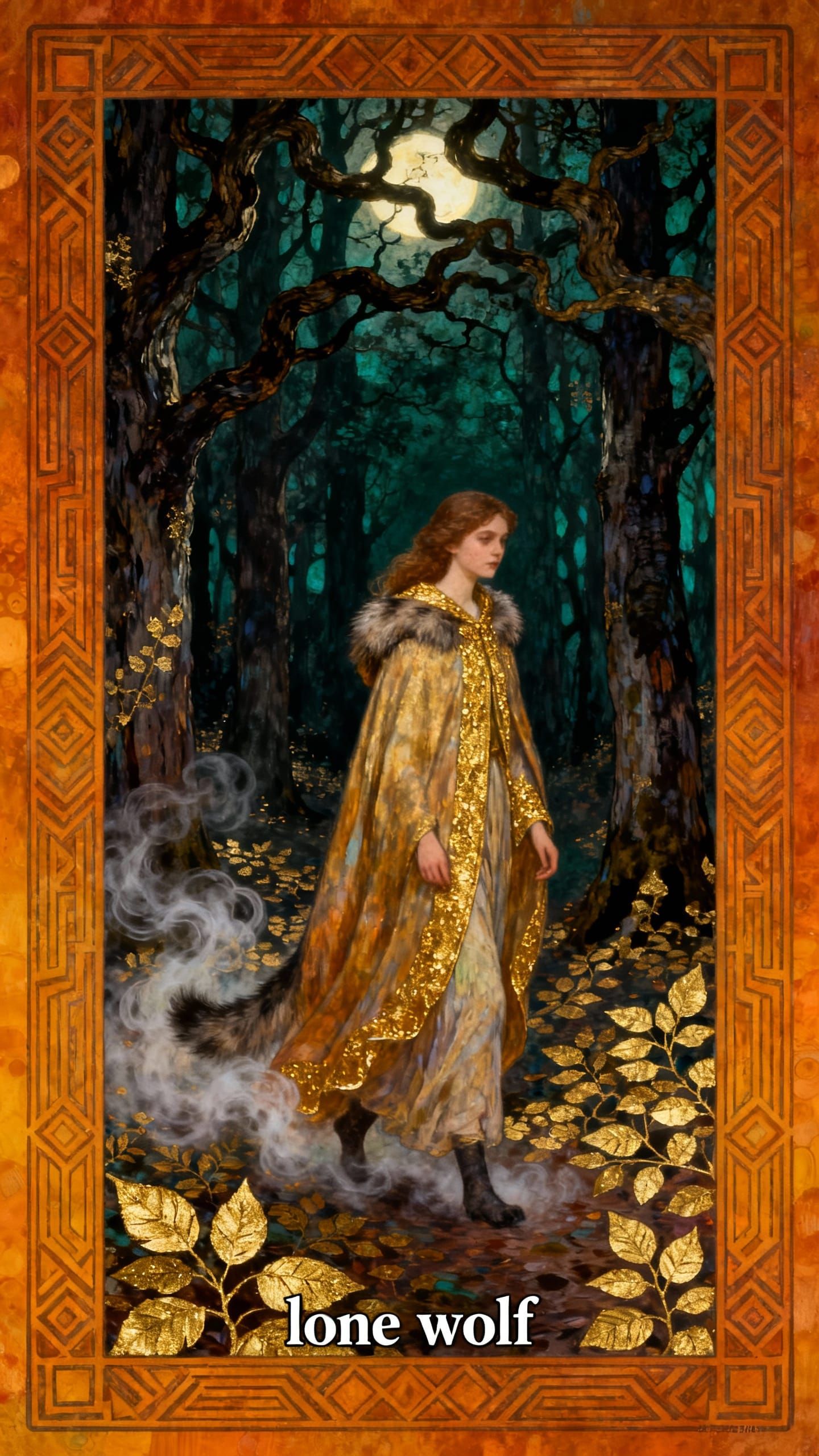 The Lone Wolf Tarot Card in Gustav Klimt Style