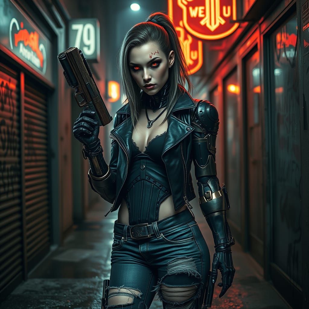 Cyborg Horror Woman in Grimy Alleyway
