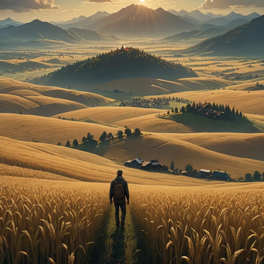 Golden Fields and Mountain Vista in Digital Art