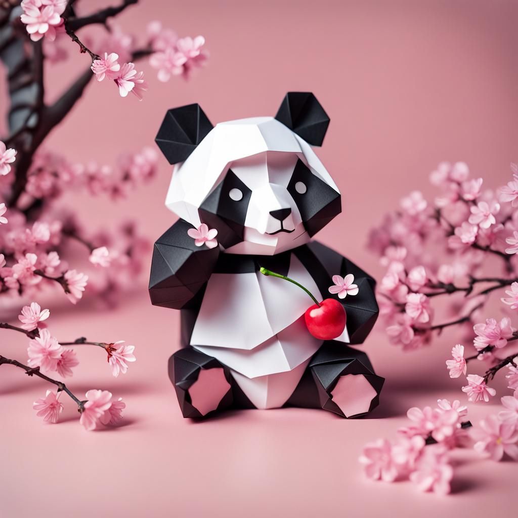 Origami Panda with Cherry Blossoms Papercraft