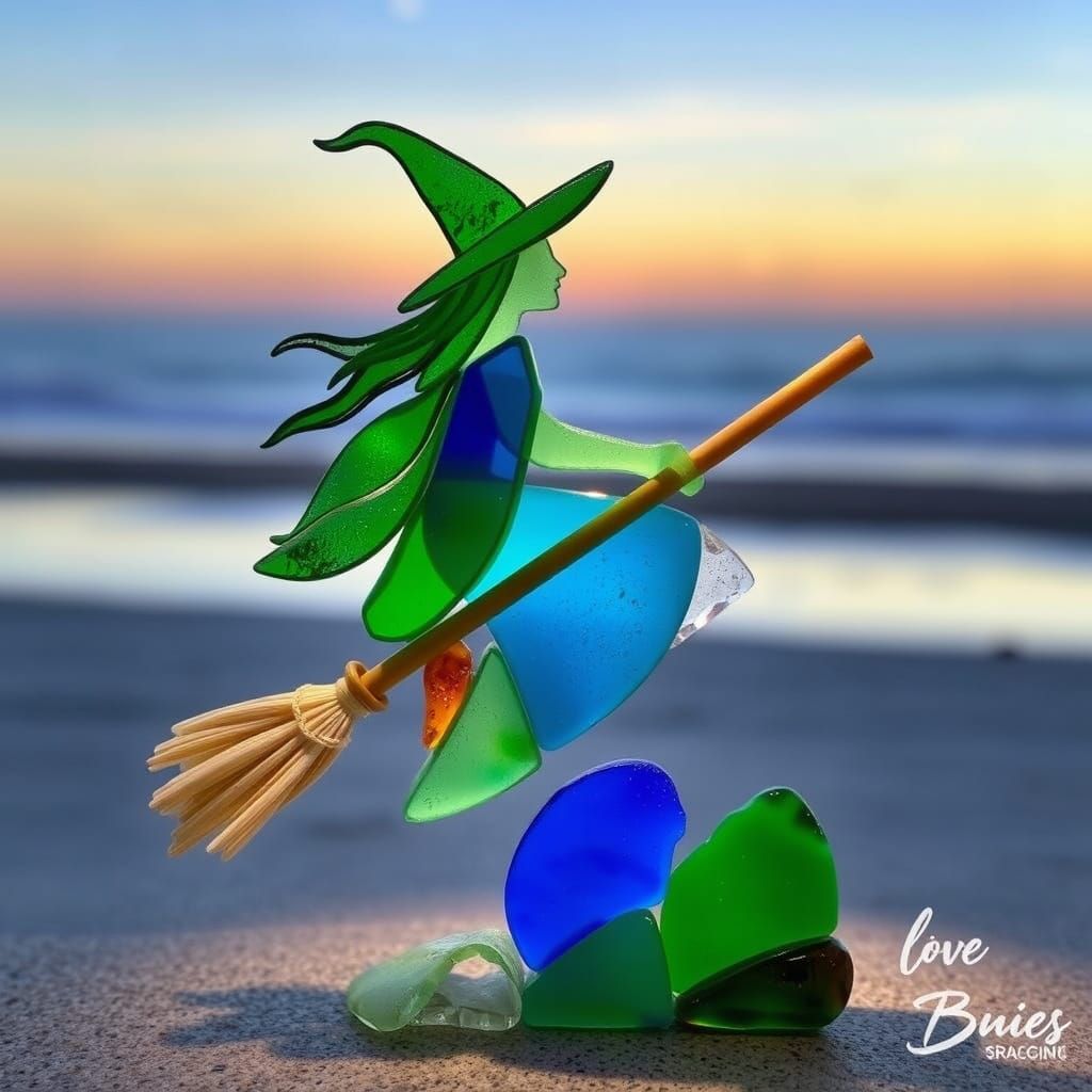 Sea Glass Witch Sculpture on Serene Beach