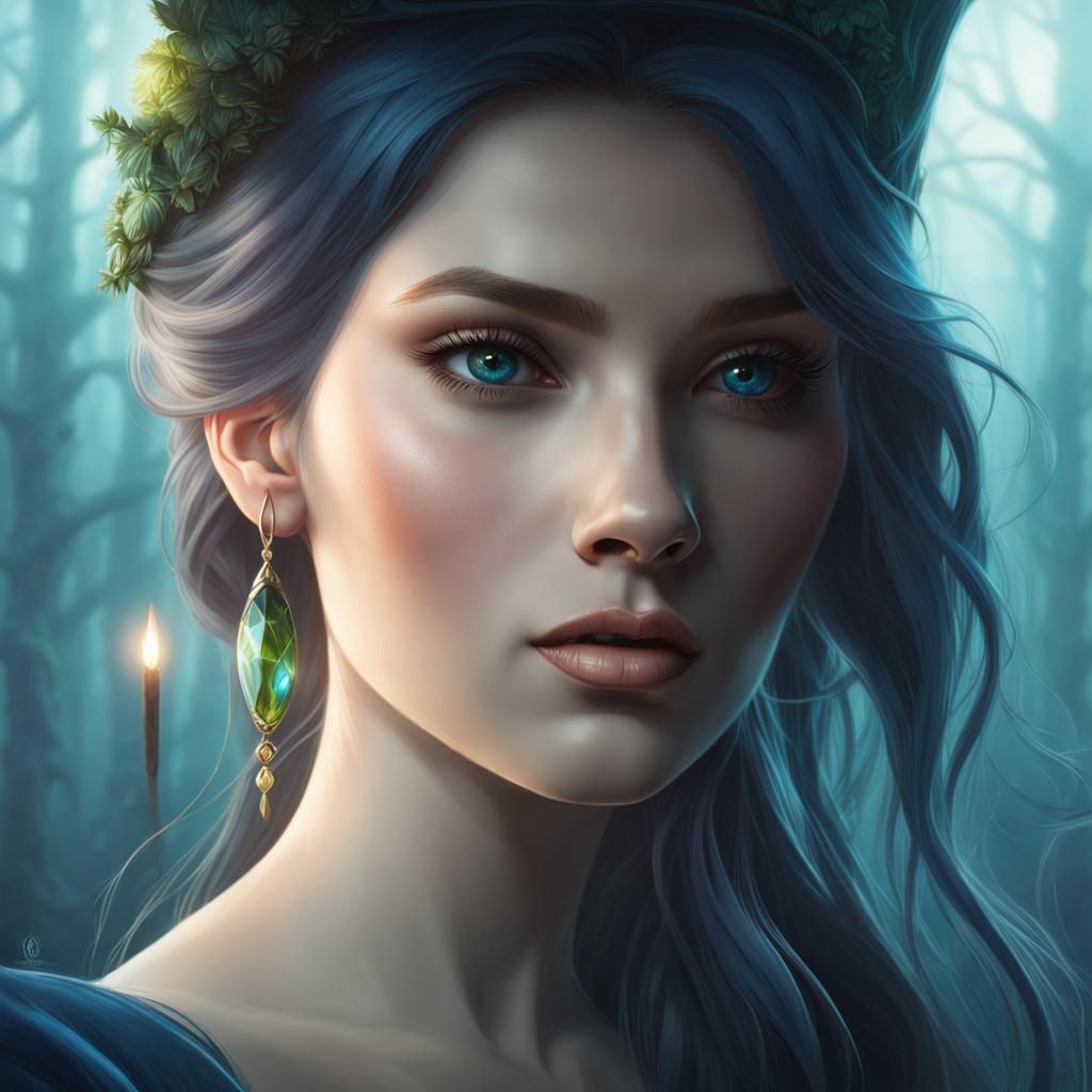 Ethereal Witch in Bioluminescent Forest, Realistic Portrait