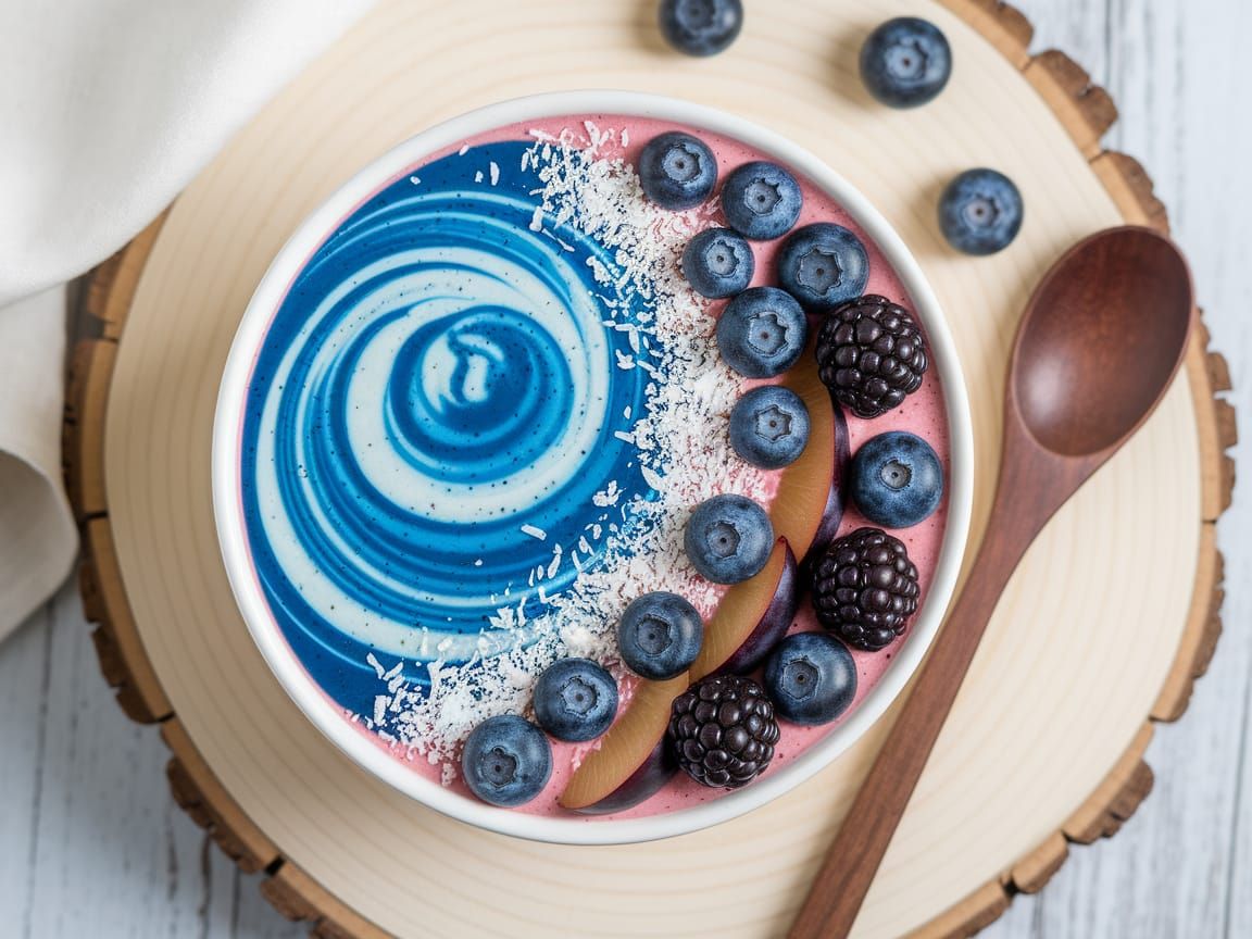Vibrant Smoothie Bowl with Swirling Blue and White Patterns