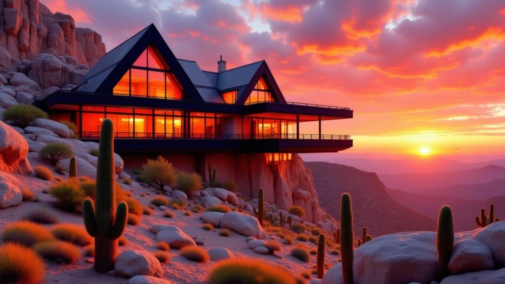 Angular Futuristic Desert Home with Red Sunbeams