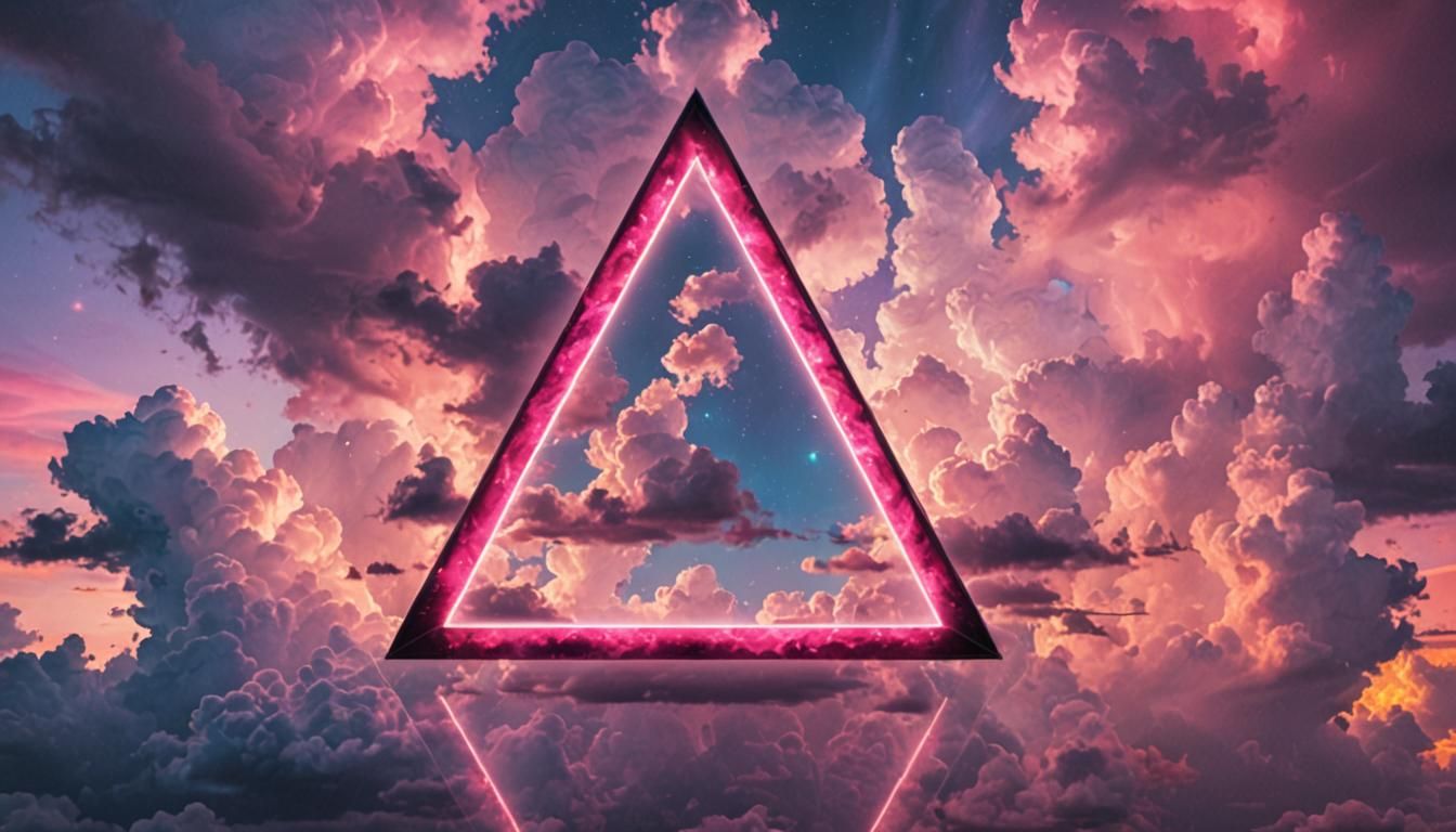 A glowing neon triangle floating in the sky.