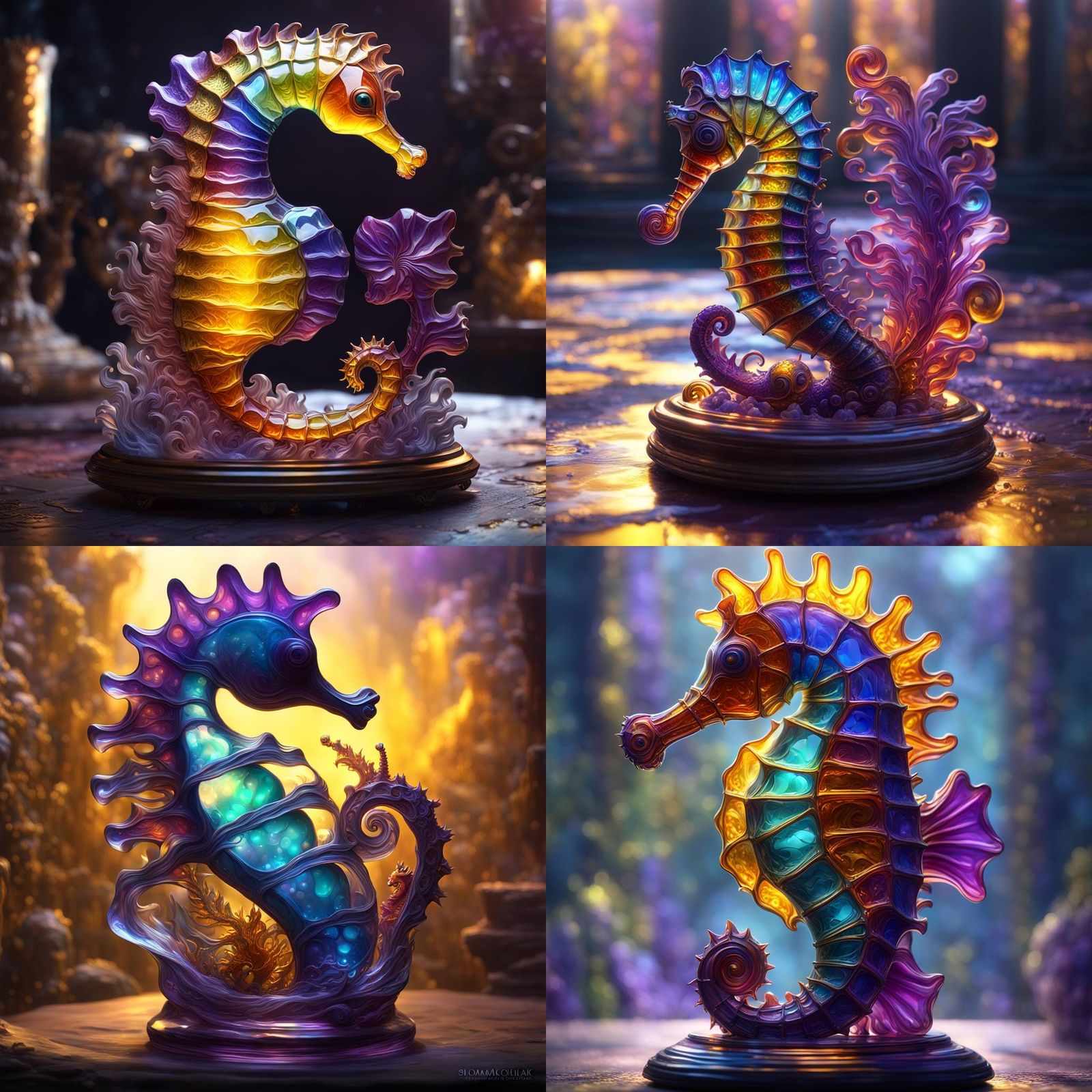 Colorful Glass Seahorse Sculpture in Dark Fantasy Style