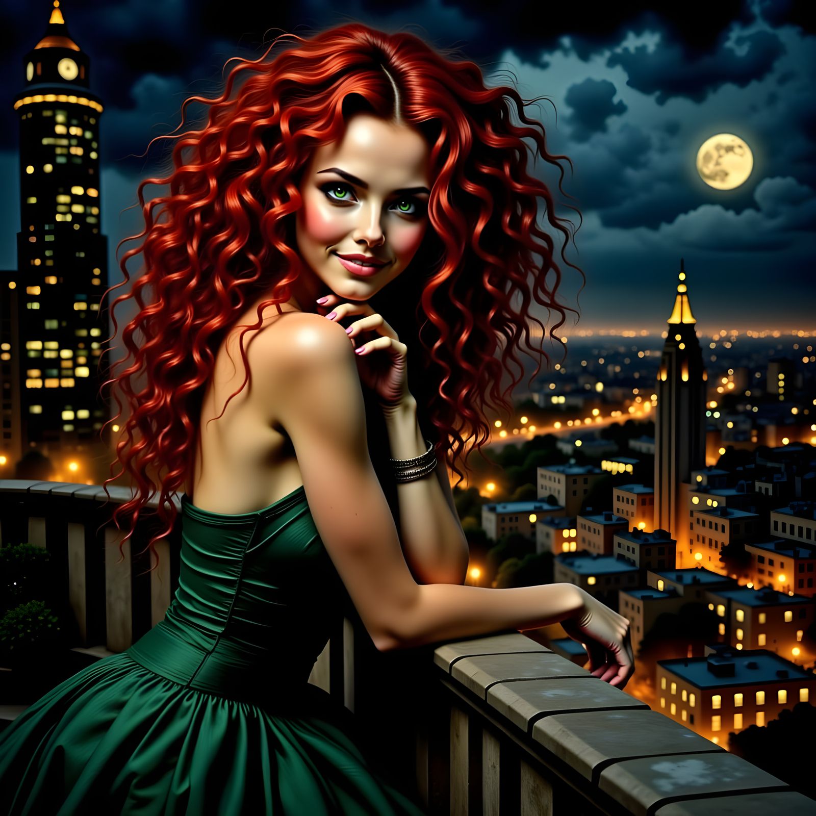 Exotic curly red hair and  green eyes and caressing smile