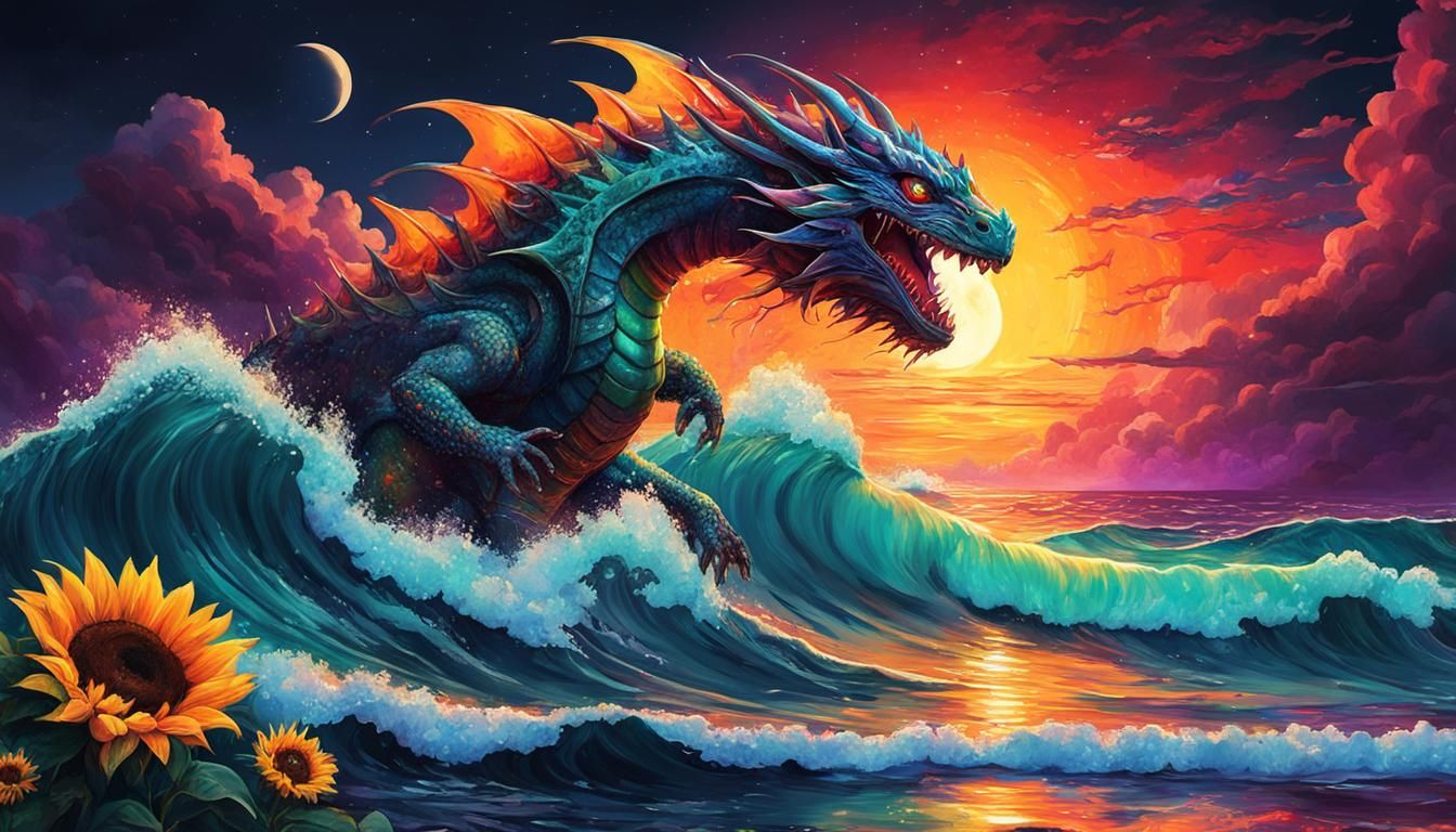 Fire Dragon Surfing Ocean Waves in Cyberpunk Candyland Style