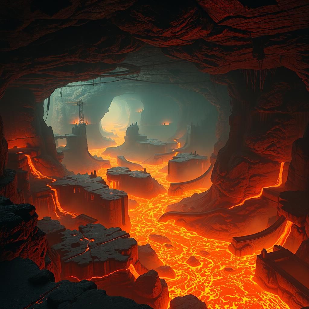 Mystical Underground City with Lava Rivers