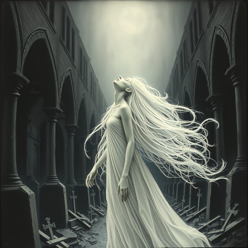 Ethereal Ghost in Ruined Cathedral, Dark Fantasy Art
