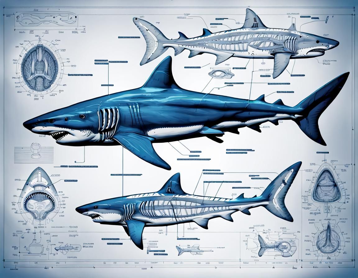 Detailed Shark Anatomy Blueprint in Vibrant Color