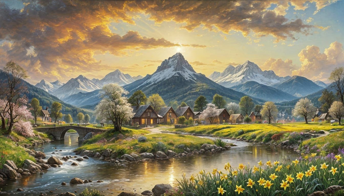 Spring Awakening in a Serene Village Landscape