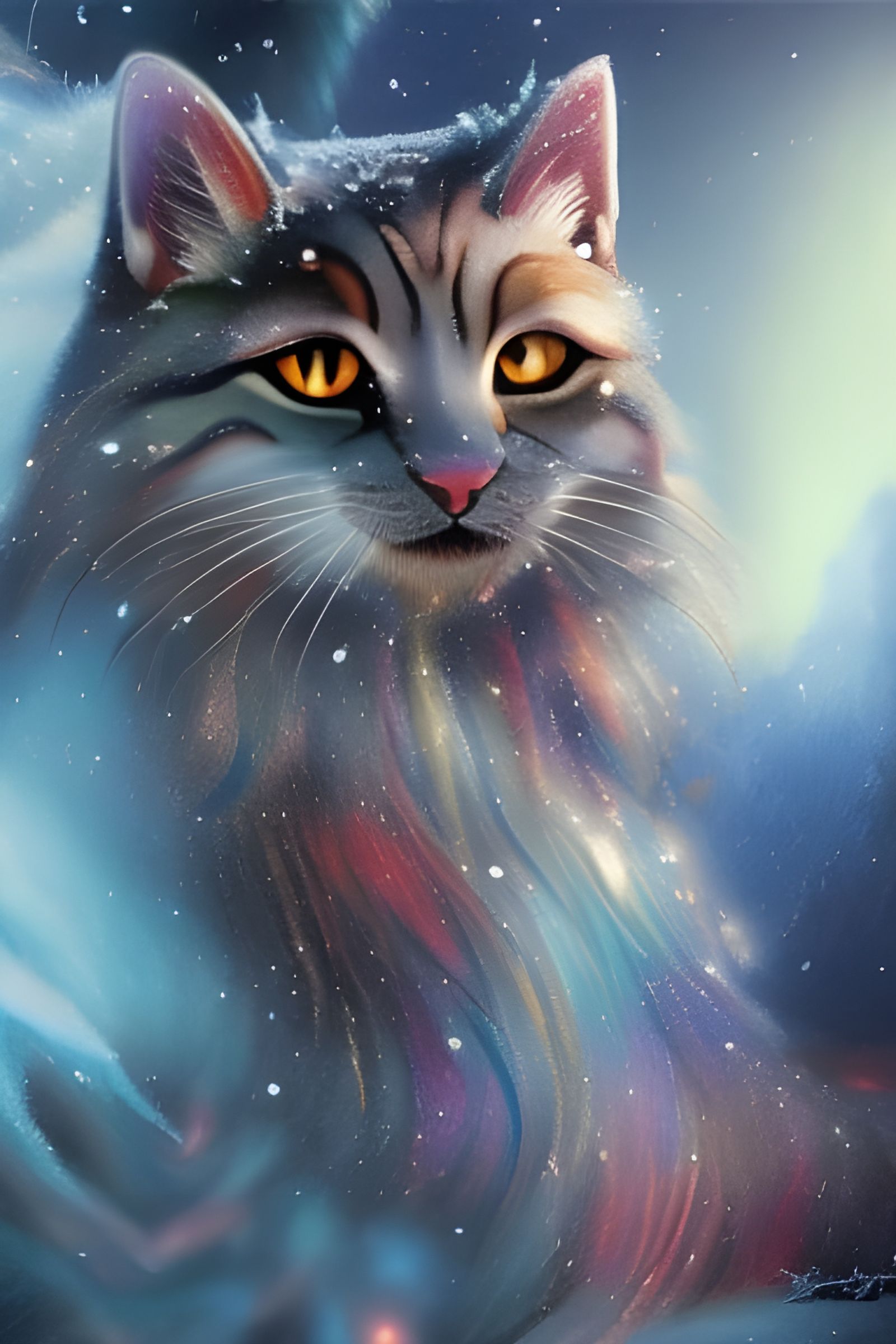 Giant Colorful Cat in Winter Fantasy Landscape