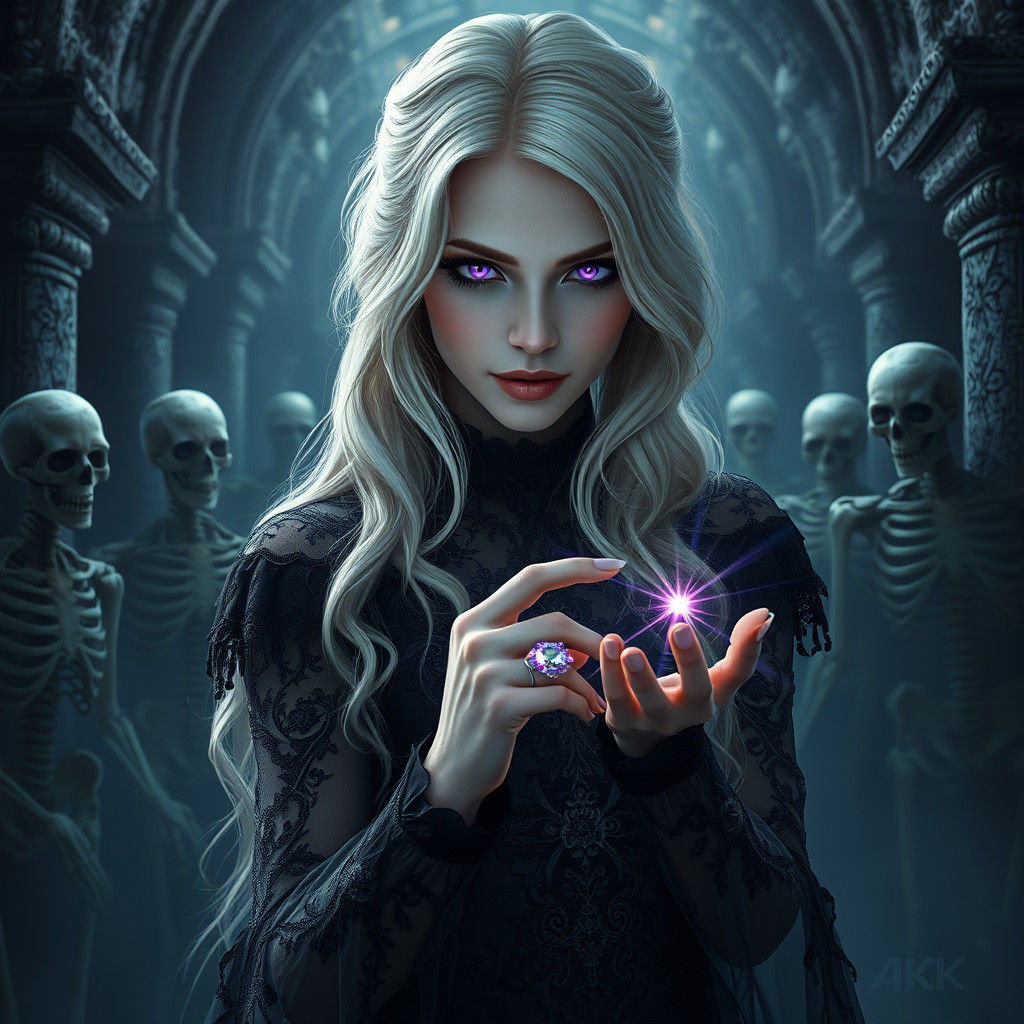 Ethereal Lady and Skeleton Entourage in Dark Temple