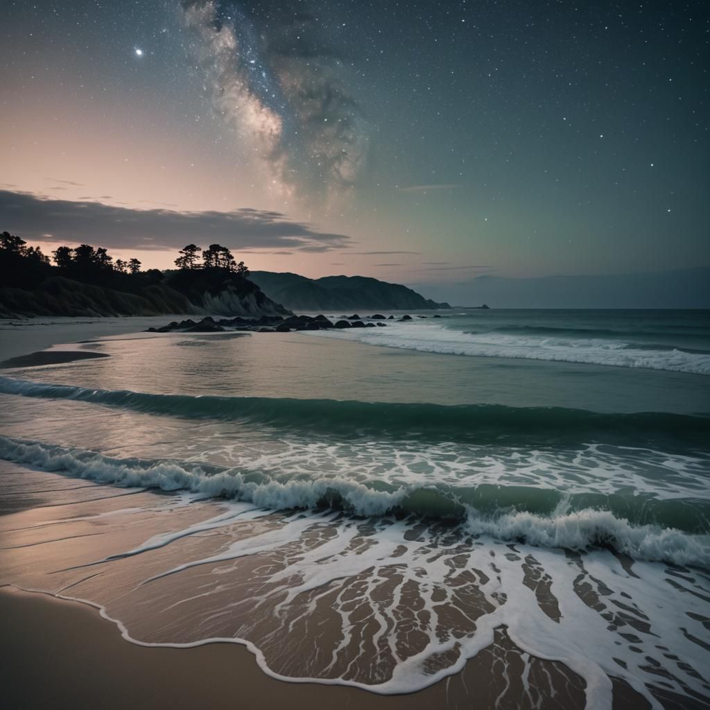 Bioluminescent Twilight Beach in Detailed Anime Style