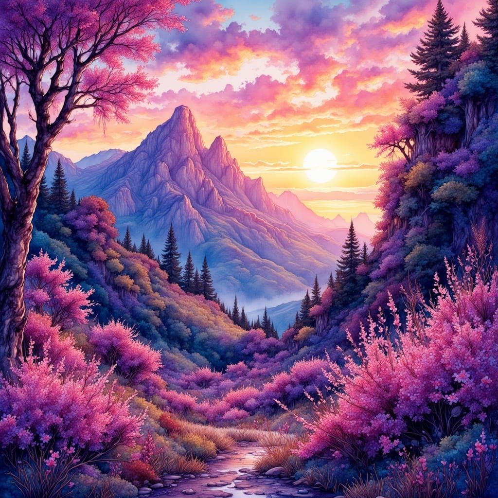 Ethereal Sunrise Mountainscape in Synthwave Art