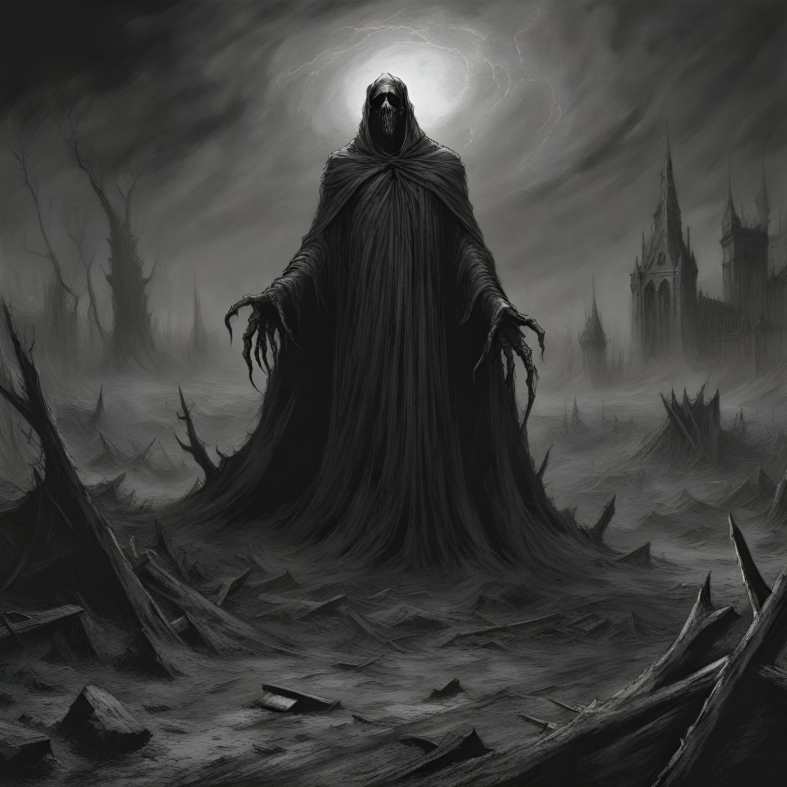 Monstrous Specter in Ruined Landscape: Eerie Concept Art