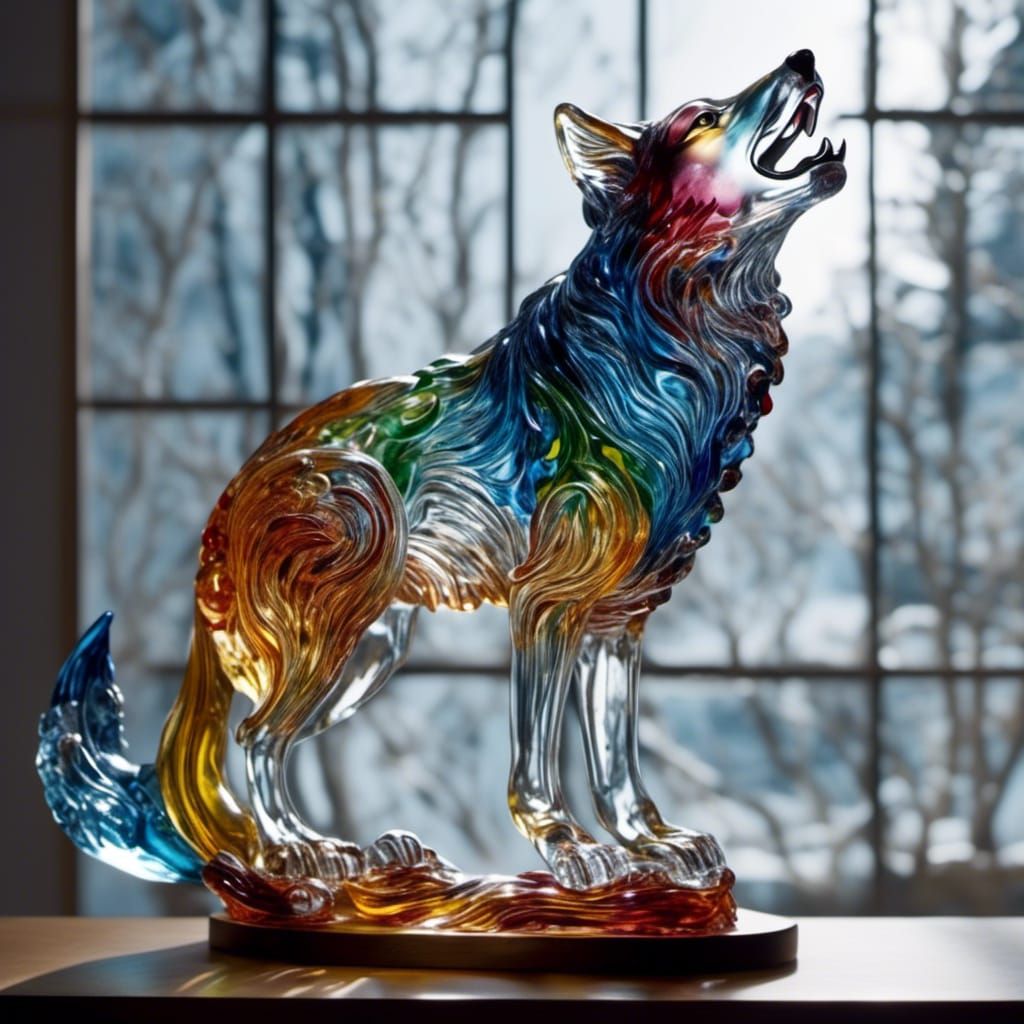 Colorful Glass Wolf Howling at the Moon