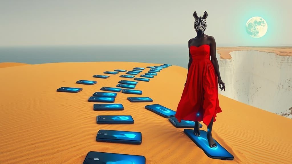 Surreal Desert Walker Ascends to Pale Moon