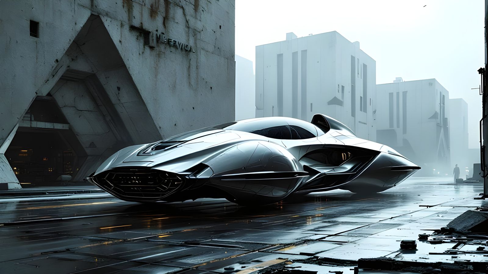 Futuristic Hovering Car in Decaying Brutalist City