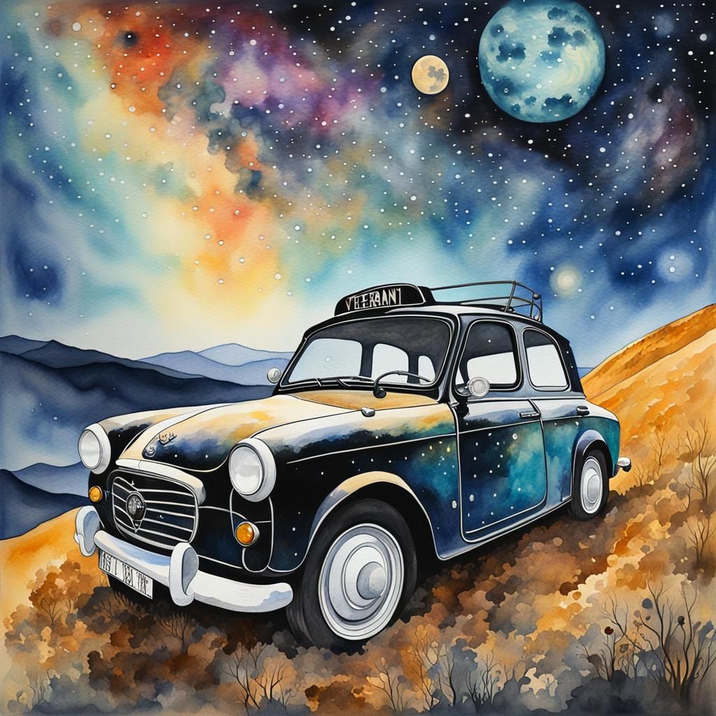 Cosmic Trabant in Klimt-Style Watercolor Painting