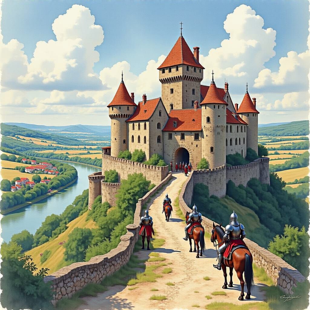 Medieval Castle by River in Dreamy Watercolor Style