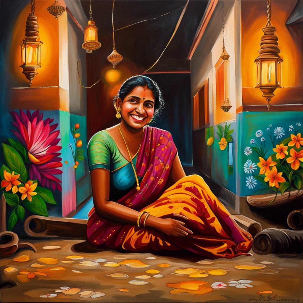 Smiling Kerala Lady Amidst Traditional Art