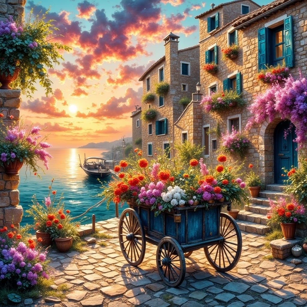 Charming Seaside Flower Cart in Soft Watercolor Style