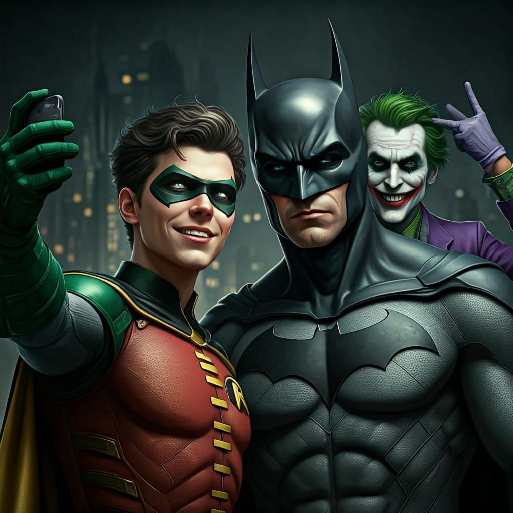 Batman and Robin Selfie Photobombed in Hyperrealistic Style