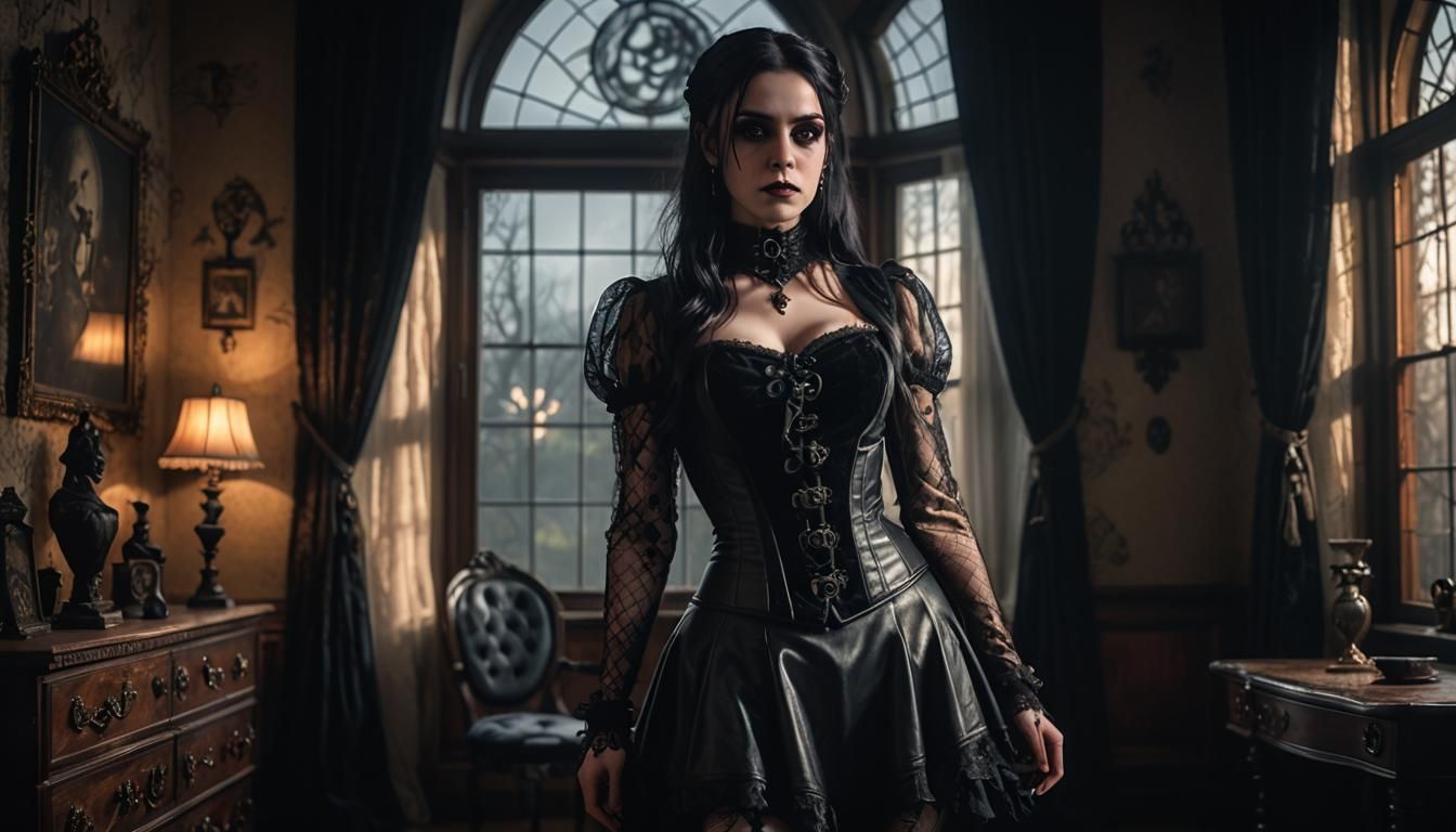 Gothic Woman in Velvet and Leather, Photorealistic Image