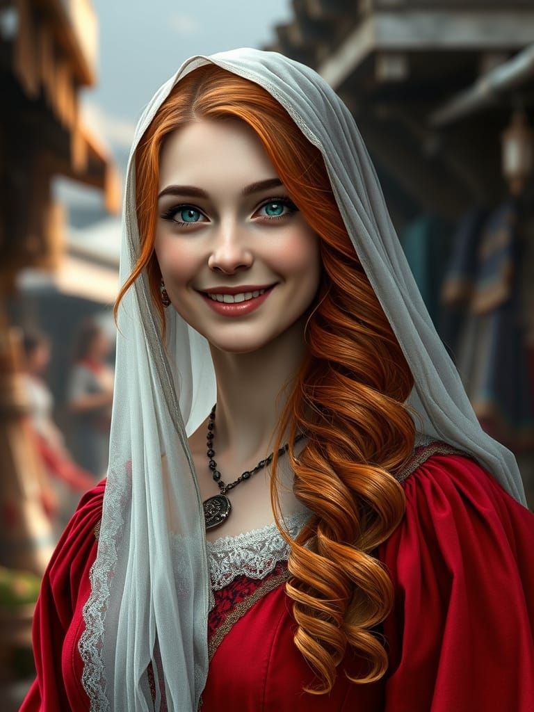 Medieval Maiden in Vibrant Market Scene