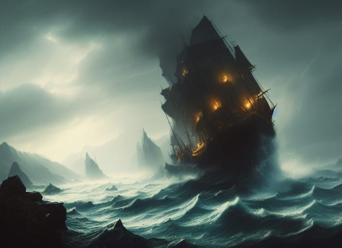 Flying Dutchman Soaring Over Mountain Range